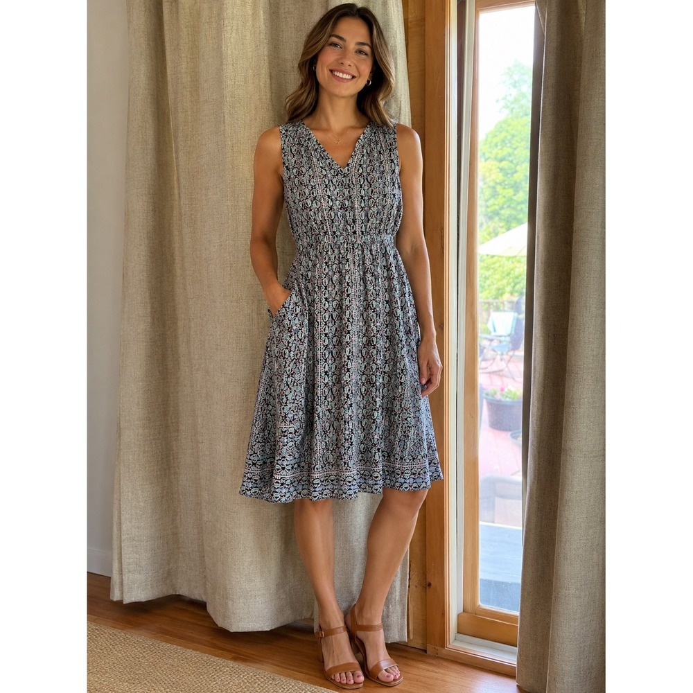 Talbots Womens Navy Blue Paisley Medallion Sleeveless V-Neck Lined Dress Size 4